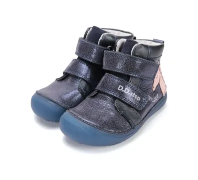 D.D.Step kislány barefoot átmeneti bőrcipő kék unikornis mintás, pár