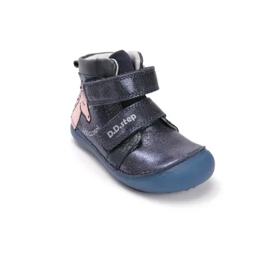 D.D.Step kislány barefoot átmeneti bőrcipő kék unikornis mintás, jobb