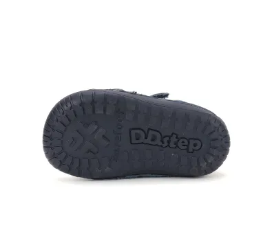D.D.Step kisfiú első lépés barefoot bőrcipő, kék dinoszaurusz mintás, talp